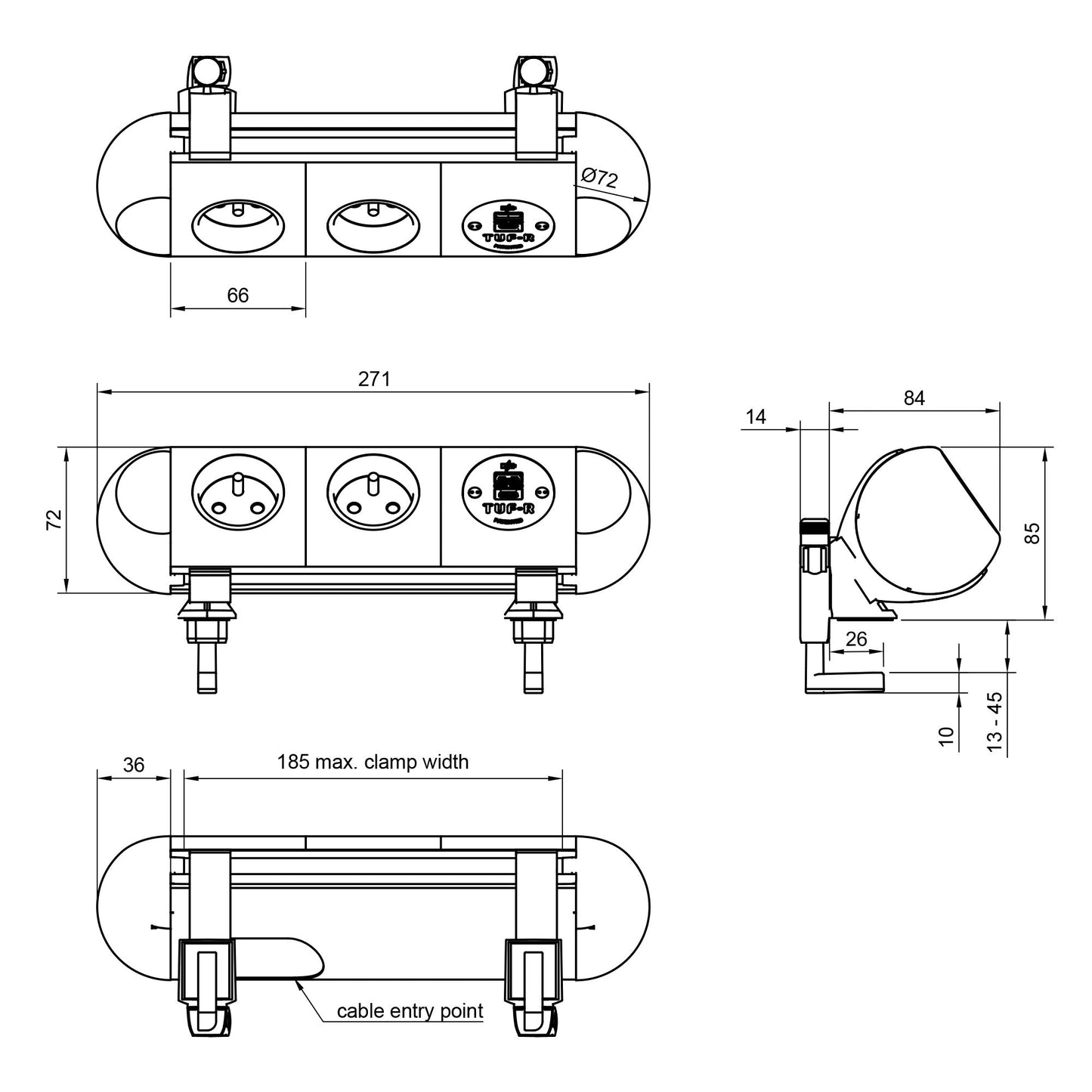 Technical drawing of the Dual Power Socket with USB Charger - Polar*, featuring two sockets, a USB charger, and labeled front, top, and side views with detailed millimeter measurements including clamp width and cable entry point.