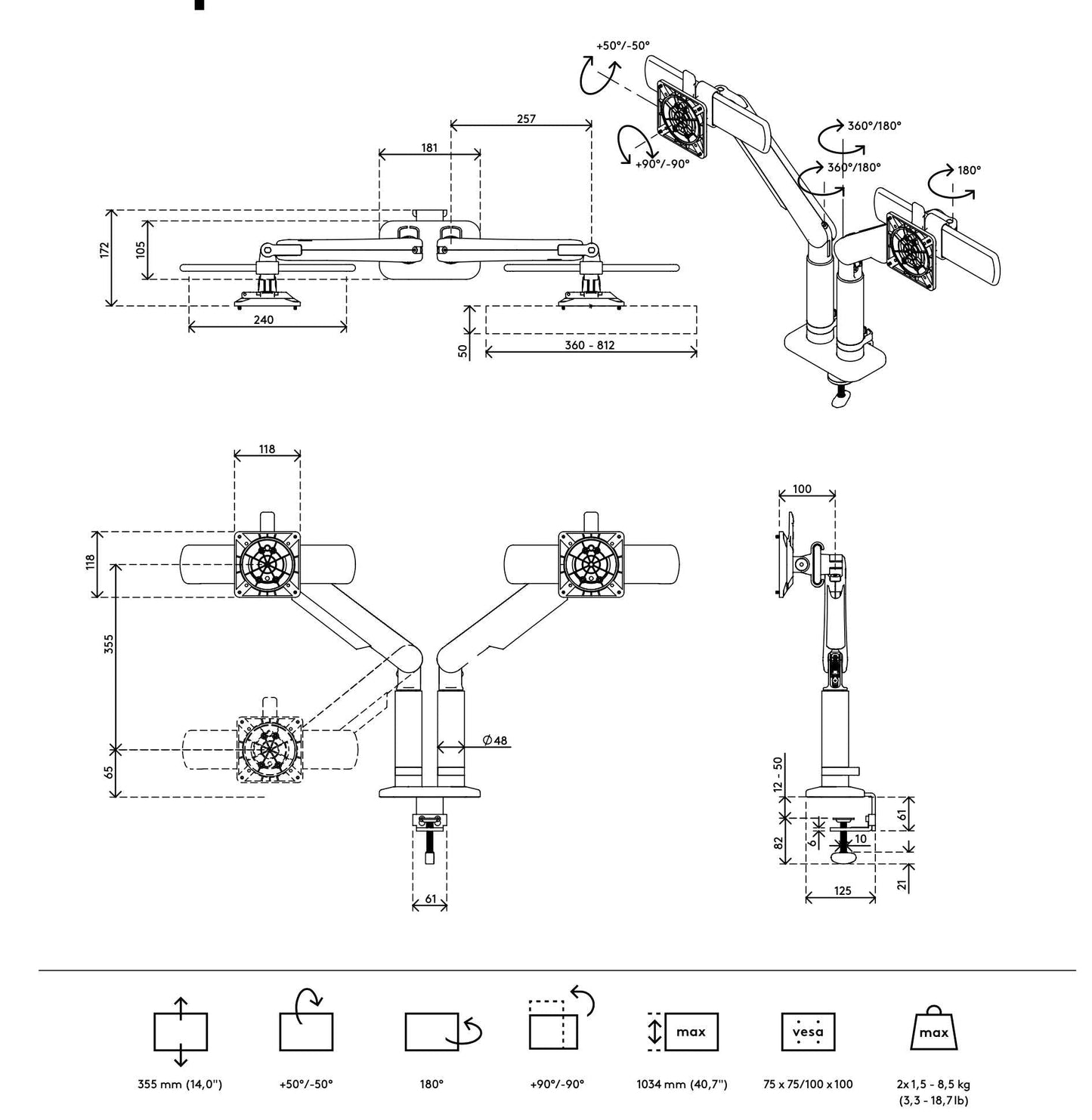 Technical drawing of the Monitor arm Viewprime+ Double (For two screens) shows dynamic height adjustment, dimensions, rotation angles, and mounting specs from top, front, and side views with labeled measurements and adjustment icons.