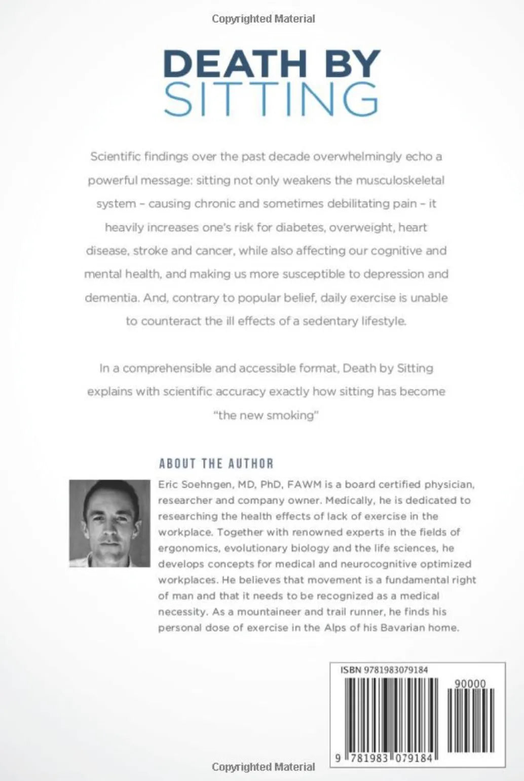 The back cover of Death by Sitting - Signed Copy spotlights the movement revolution, features a short author bio with photo, and presents a barcode in the bottom right corner.