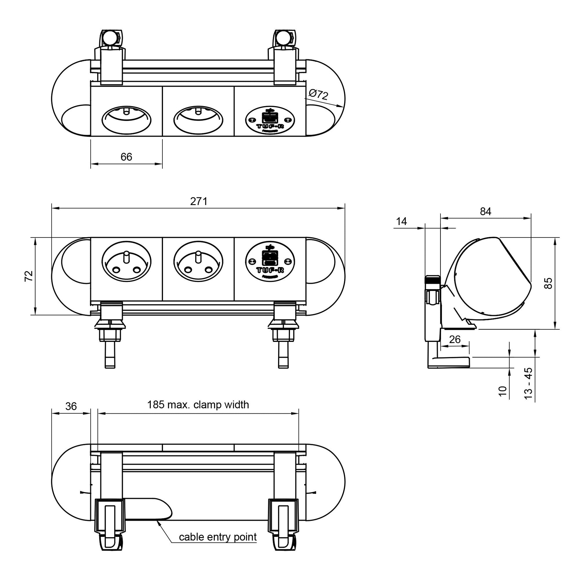 Technical drawing of the Dual Power Socket with USB Charger - Polar*, featuring two sockets, a USB charger, and labeled front, top, and side views with detailed millimeter measurements including clamp width and cable entry point.