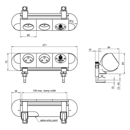 Technical drawing of the Dual Power Socket with USB Charger - Polar*, featuring two sockets, a USB charger, and labeled front, top, and side views with detailed millimeter measurements including clamp width and cable entry point.