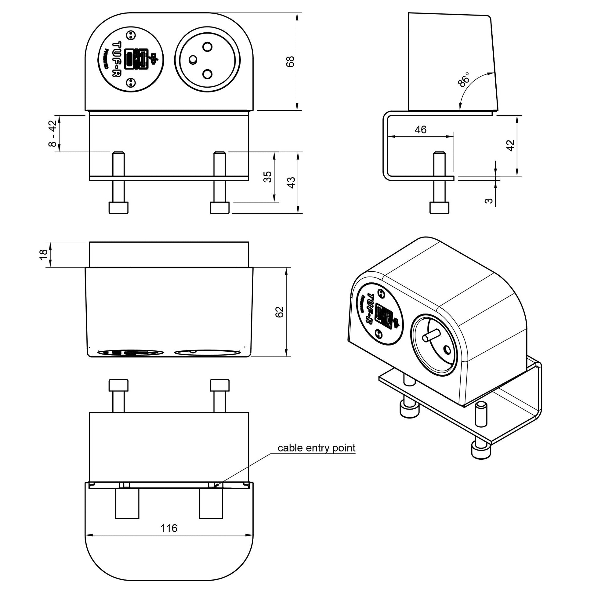 Technical drawing of the Single Power Socket with USB Charger - Phase, showing front, side, top, and isometric views with labeled dimensions, mounting points, power and TUF-R A+C USB charging ports, and customizable front socket apertures.