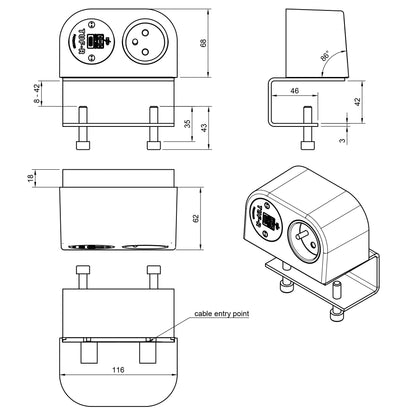 Technical drawing of the Single Power Socket with USB Charger - Phase, showing front, side, top, and isometric views with labeled dimensions, mounting points, power and TUF-R A+C USB charging ports, and customizable front socket apertures.