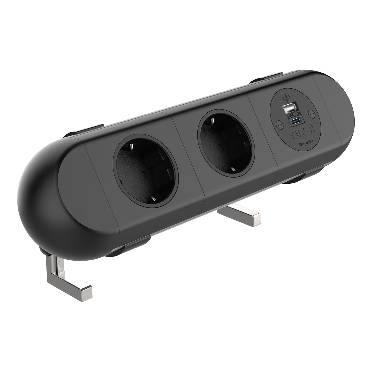 The Polar Dual Power Socket features two round European outlets and two USB charger ports, mounted on metal brackets for easy desk or table attachment, delivering convenient workspace connectivity.