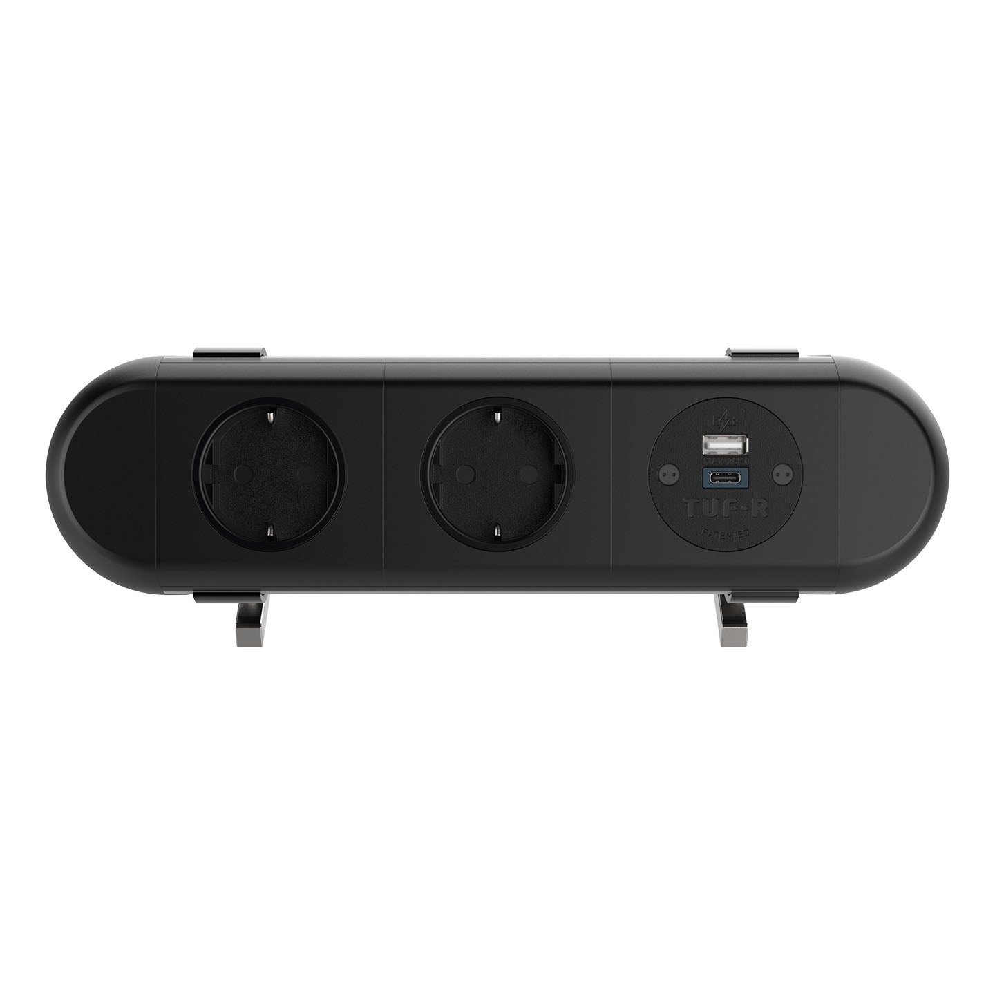 The Dual Power Socket with USB Charger - Polar* is a black power strip featuring two European sockets and two USB ports, shown from the front on two small metal stands for enhanced workspace connectivity.