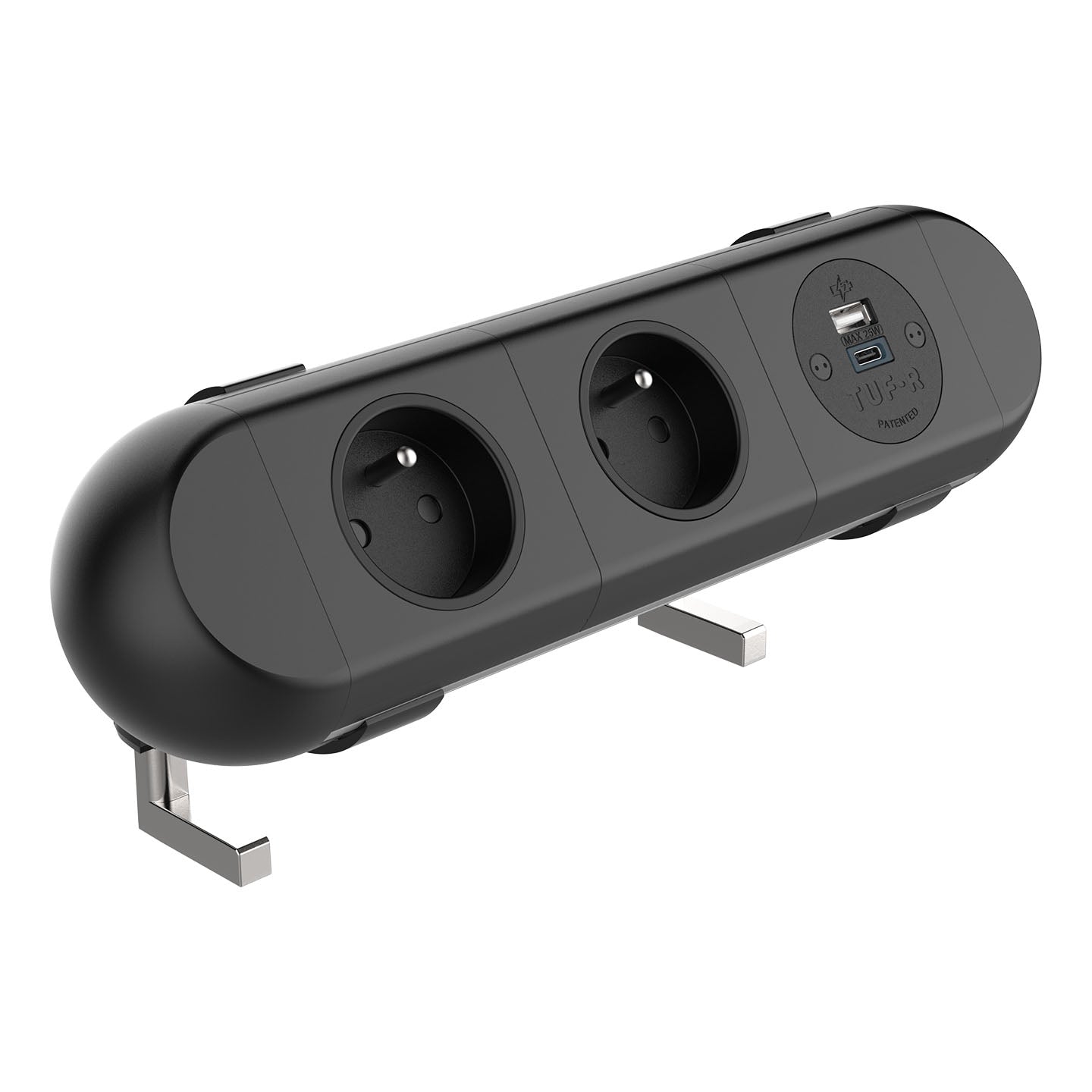 The Dual Power Socket with USB Charger - Polar features two round European outlets, two USB ports for easy charging, and two metal legs for stable, seamless desk or table connectivity.