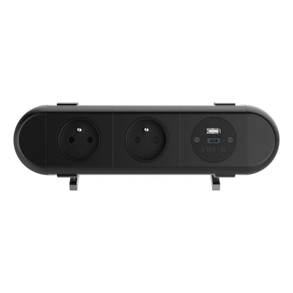 The Polar Dual Power Socket features two European outlets and a USB charger in a sleek black design, positioned horizontally on twin stands to boost workspace connectivity.