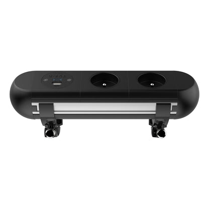 The Polar Dual Power Socket features a modern black design, two round outlets, a USB charger with two ports, and two mounting clips underneath—perfect for compact, flexible workspace connectivity.
