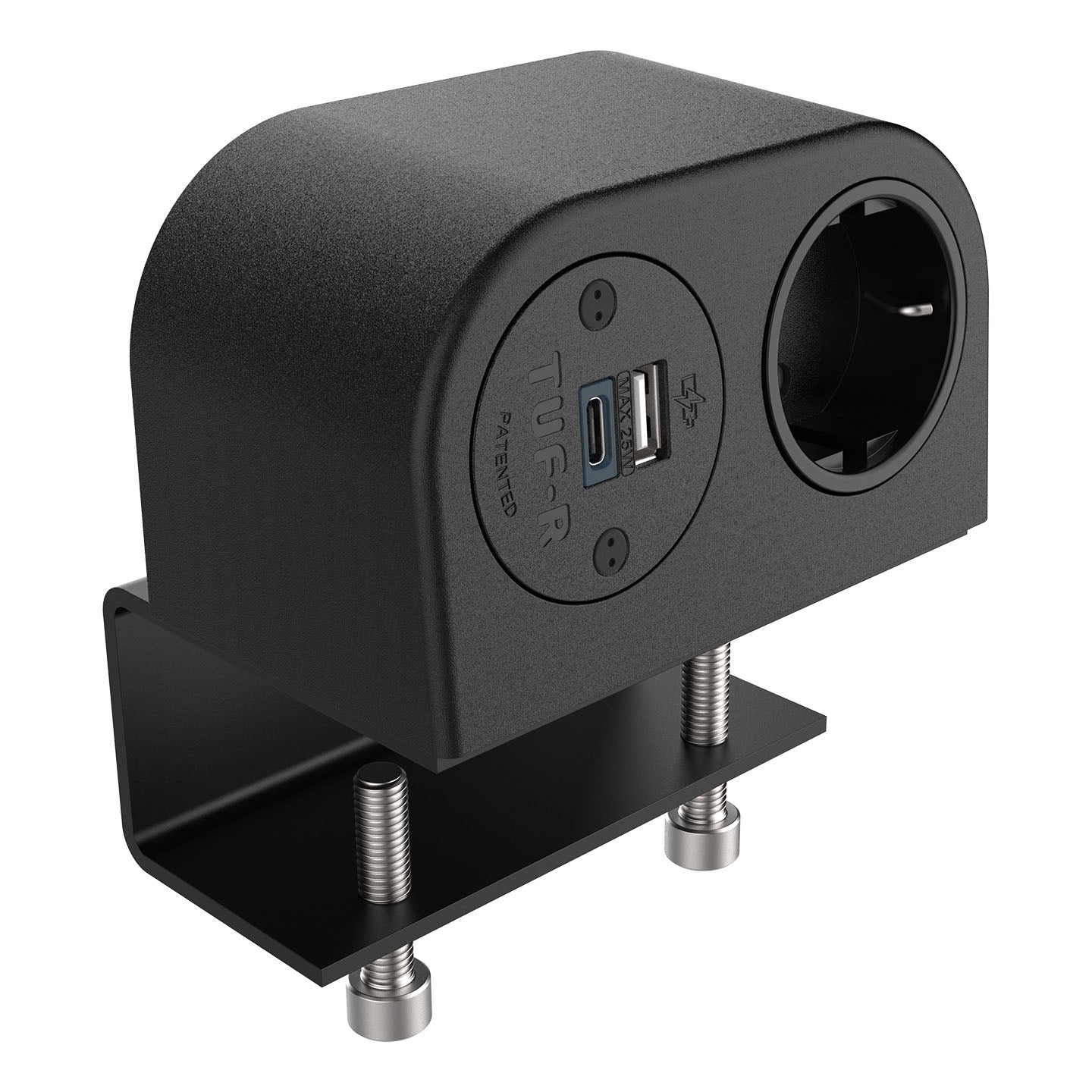 The Single Power Socket with USB Charger - Phase is a black desk-mounted outlet with a clamp, customizable socket apertures, and front panel featuring one power socket plus two USB ports (standard and USB-C).
