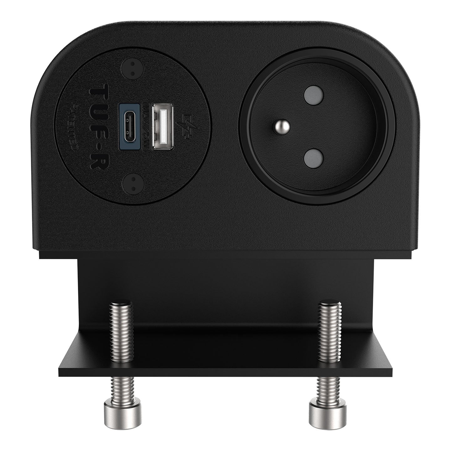 The Single Power Socket with USB Charger - Phase features customizable socket apertures, a TUF-R A+C USB charger with USB-A and USB-C ports, two secure metal clamps, and a TUF-R label on the front for efficient charging.