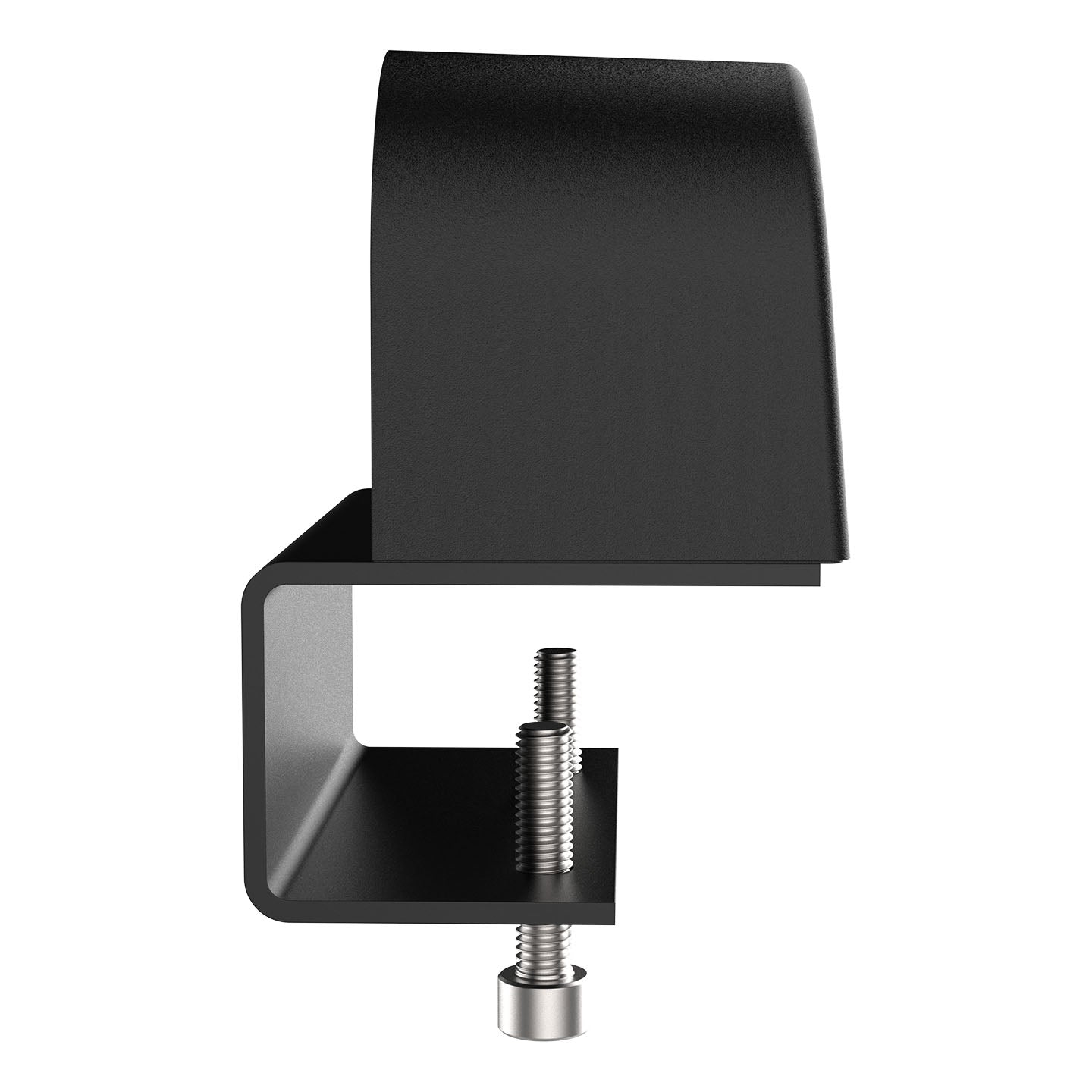 The Single Power Socket with USB Charger – Phase features a black metal clamp with a curved top, flat base, and silver screw mechanism for secure surface attachment. Shown in side view against a white background.
