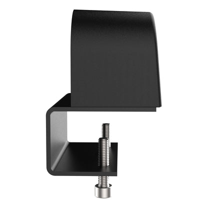 The Single Power Socket with USB Charger – Phase features a black metal clamp with a curved top, flat base, and silver screw mechanism for secure surface attachment. Shown in side view against a white background.