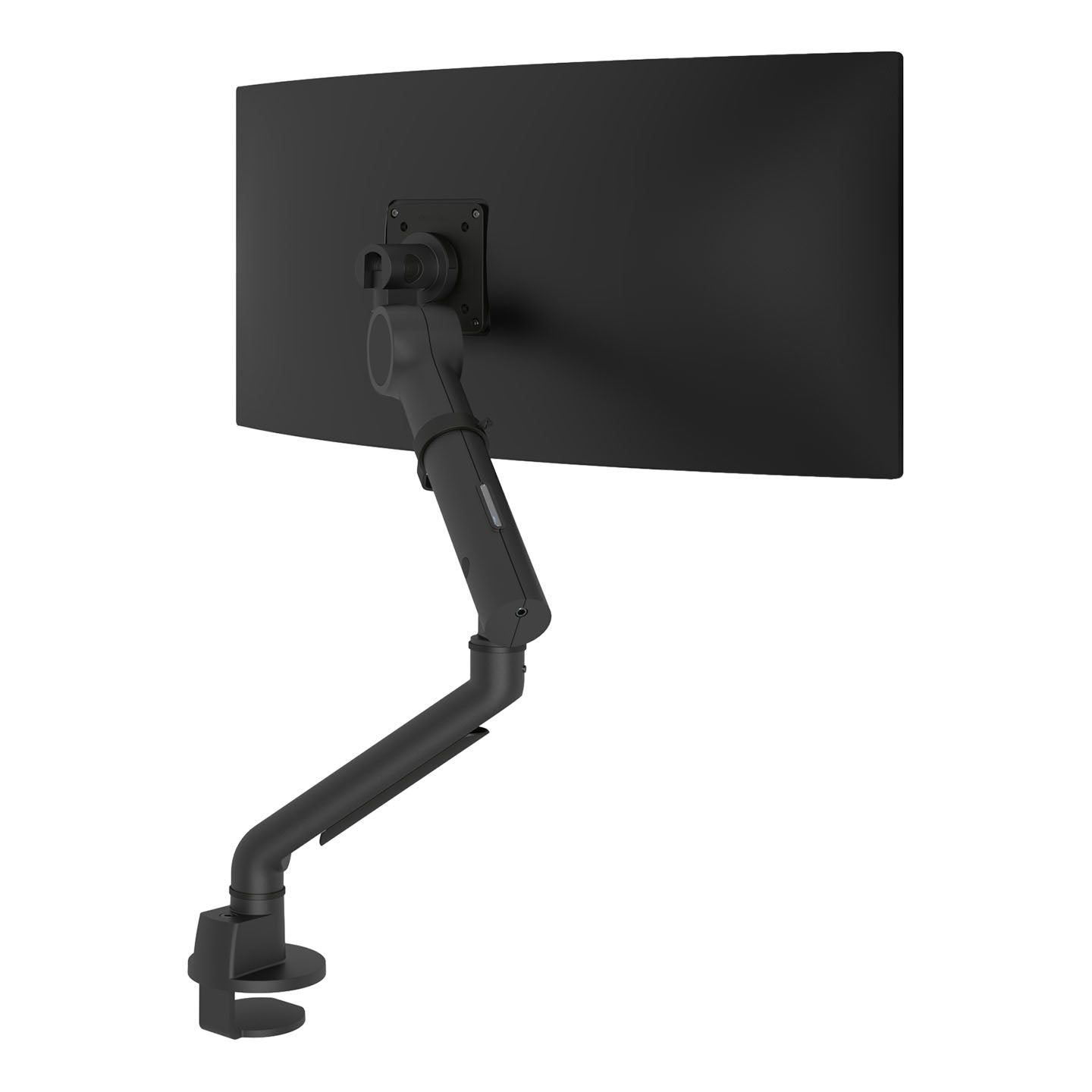 The Viewgo Pro HD monitor arm, designed for large, heavy displays, attaches to the desk edge and securely raises a flat black monitor, offering ergonomic comfort and flexible screen positioning in your workspace.