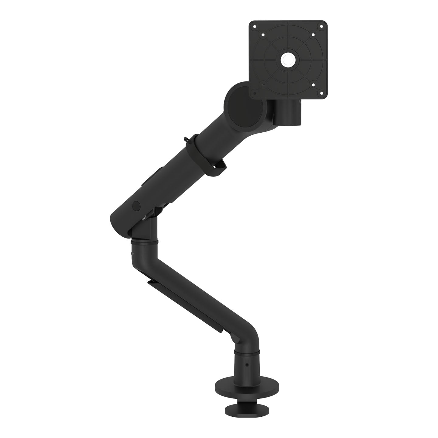 The Viewgo Pro HD monitor arm, designed for large, heavy displays, is a black ergonomic desk-mounted accessory with joints and mounting plate for flexible positioning, shown against a white background.