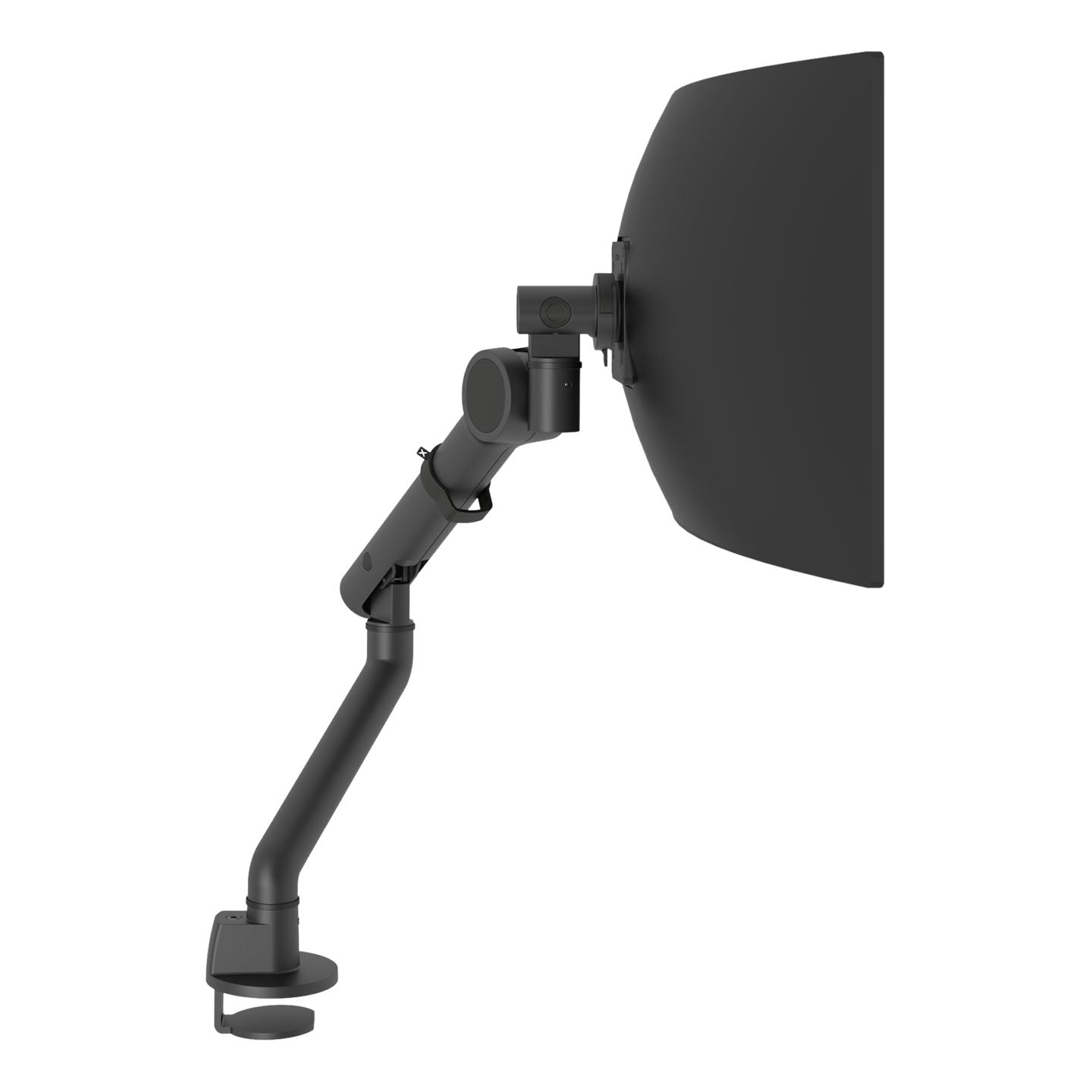 The Viewgo Pro HD monitor arm, designed for large, heavy displays, is shown in black with a side view of a mounted flat screen. Attached via desk clamp, it raises the monitor—perfect as an ergonomic office workspace accessory.