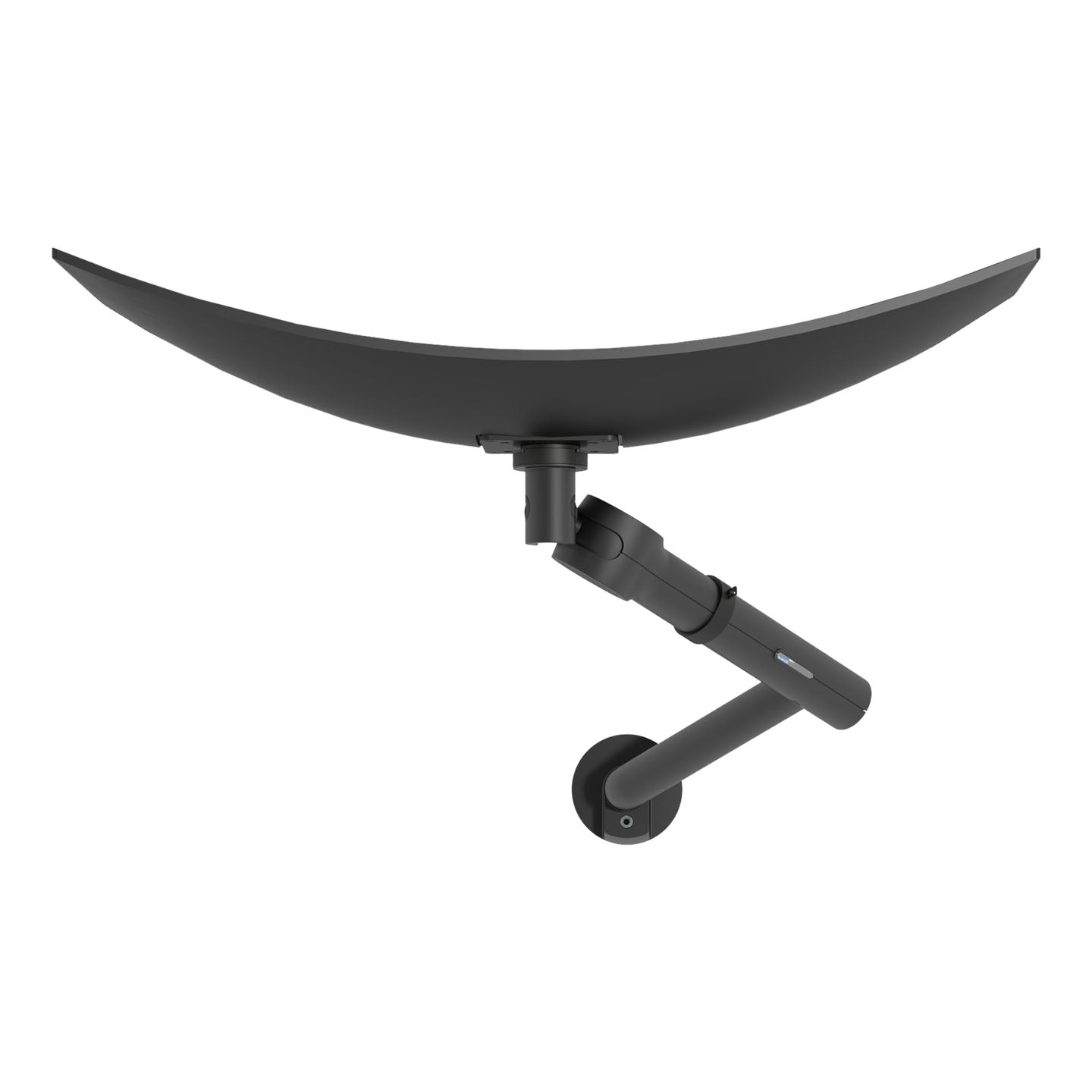 A black, curved satellite dish is mounted on a wall using the Viewgo Pro HD monitor arm for large, heavy displays, viewed from the side against a white background.
