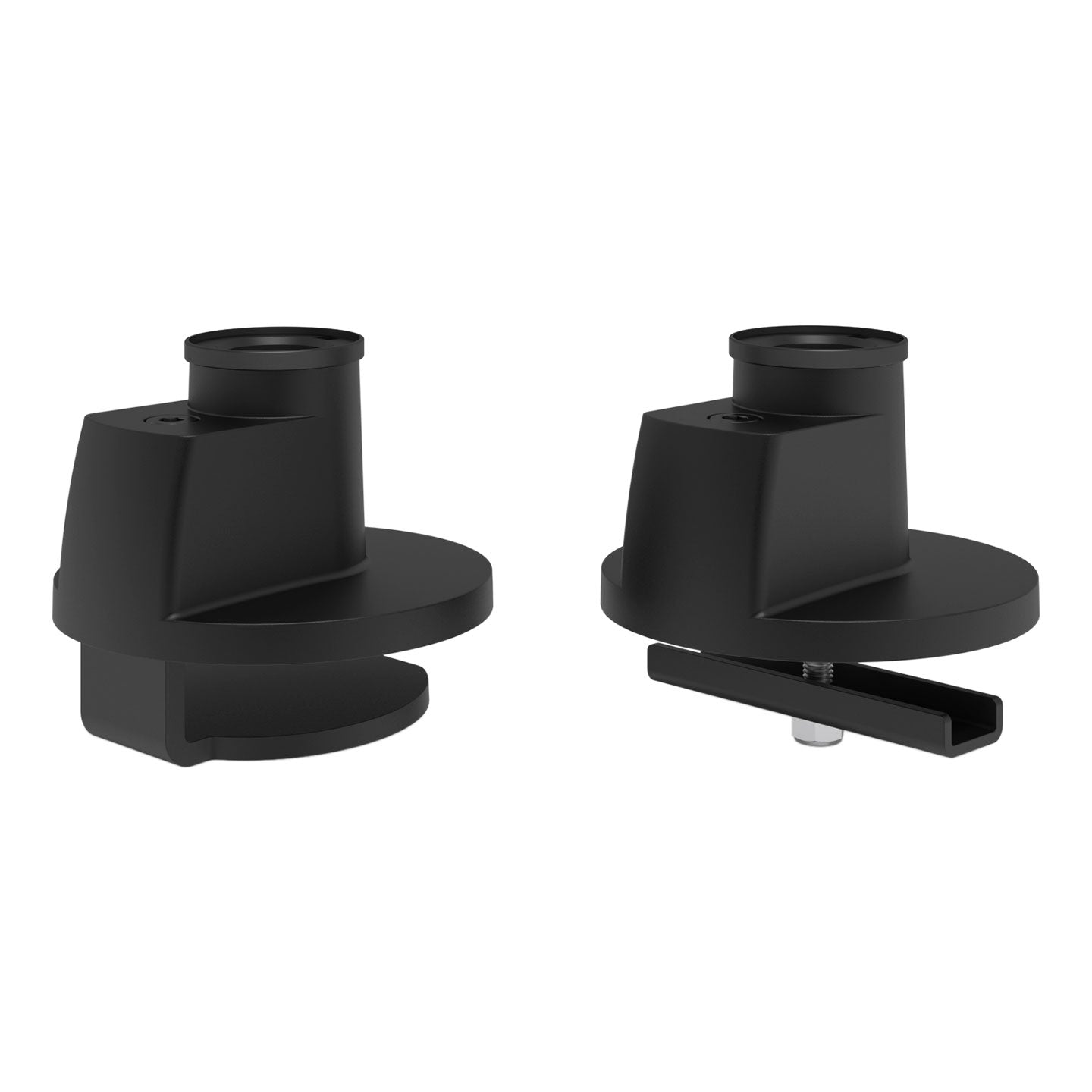 Two black, cylindrical plastic mounts with flat circular bases and notched sections, parts of the Viewgo Pro HD monitor arm for large, heavy displays, are shown from different angles on a white background.
