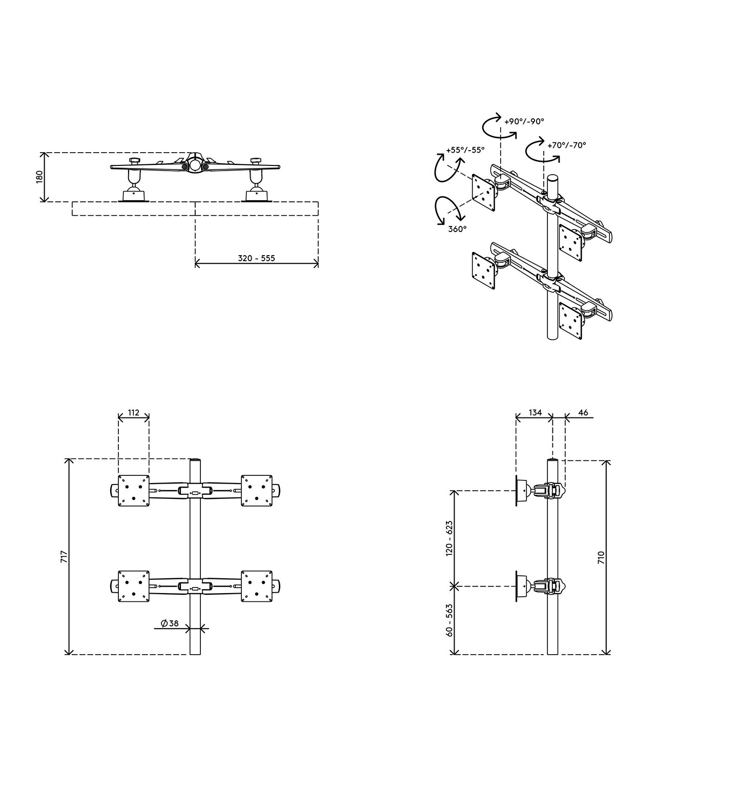 Technical drawing of the Monitor arm Viewmaster Multi (for four screens), detailing dimensions, mounting specs, cable management, adjustable joints, rotation angles, and annotated side, top, and front views.