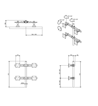 Technical drawing of the Monitor arm Viewmaster Multi (for four screens), detailing dimensions, mounting specs, cable management, adjustable joints, rotation angles, and annotated side, top, and front views.