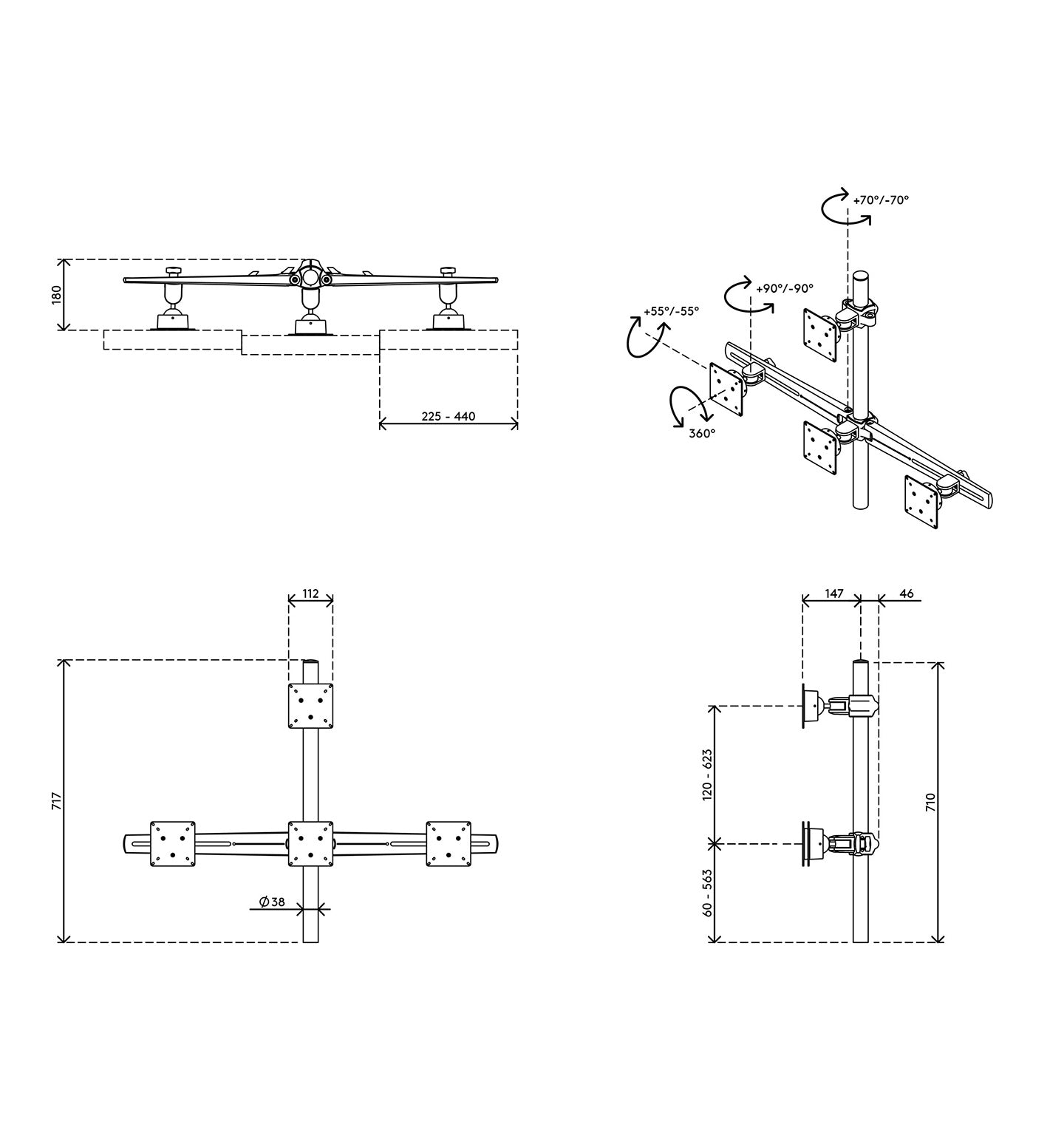 Technical drawing of the Monitor arm Viewmaster Multi (For four screens) with four views, showing adjustable arms, rotation, tilt angles, installation measurements, monitor placement, and integrated cable management.