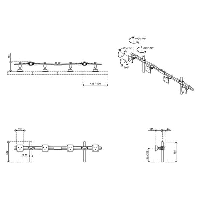 Technical drawing of the Viewmaster Multi monitor arm for four screens in a row, showing front, side, and perspective views with labeled measurements, rotation angles, multiple brackets and rollers, plus cable management details.