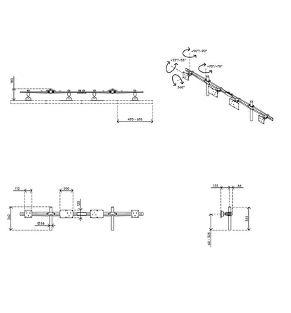 Technical drawing of the Viewmaster Multi monitor arm for four screens in a row, with adjustable brackets, rotation specs, side/top/front views, detailed measurements, and cable management for an ergonomic workspace.