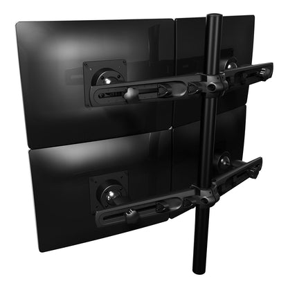 The Monitor arm Viewmaster Multi (For four screens) securely holds four monitors in a 2x2 grid on adjustable arms with a central pole, showcasing mounting brackets and cable management for an organized workstation.