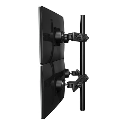 Side view of the Viewmaster Multi monitor arm for four screens, showing vertically mounted flat-screen monitors on adjustable arms with mounting brackets and built-in cable management for a neat workspace.
