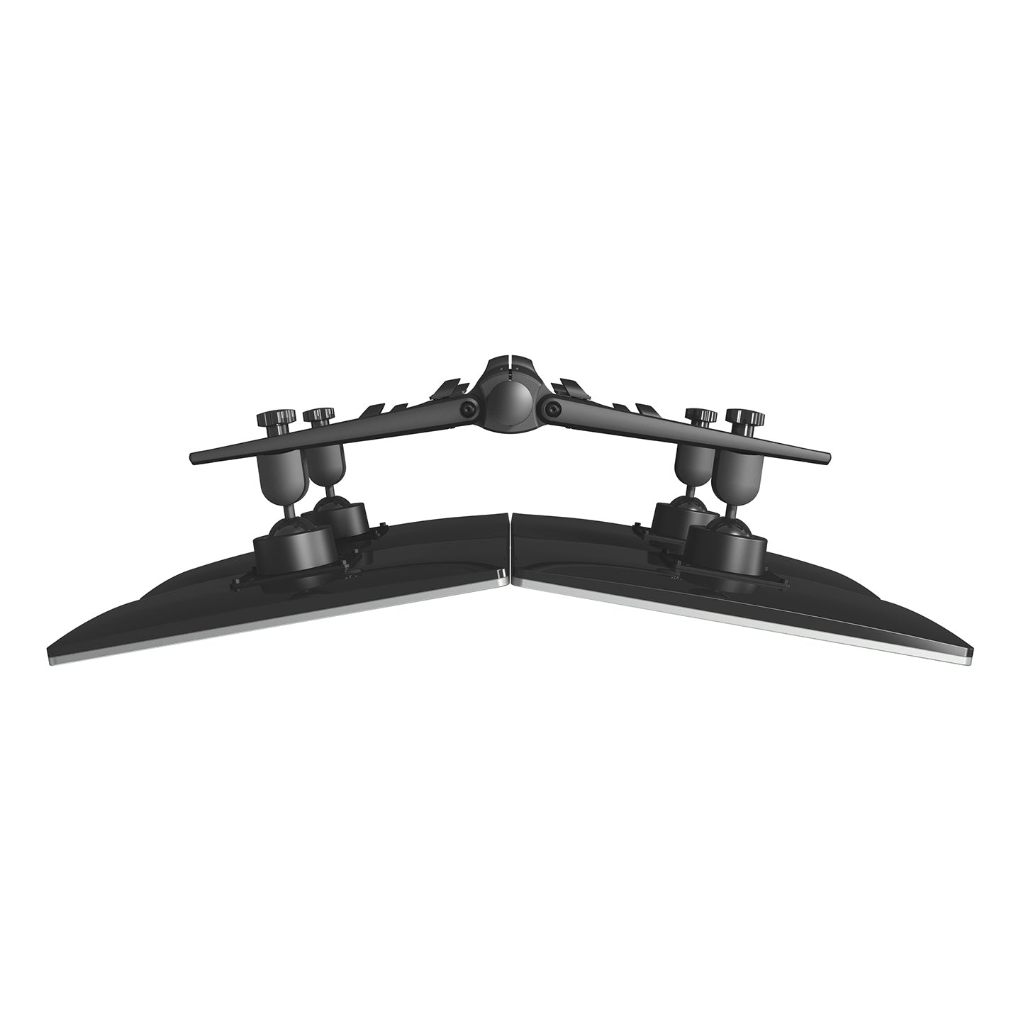 Two black Viewmaster Multi monitor arms for four screens, with cable management and curved mounts, are positioned side by side in a front view, bases angled outward and metal arms visible.