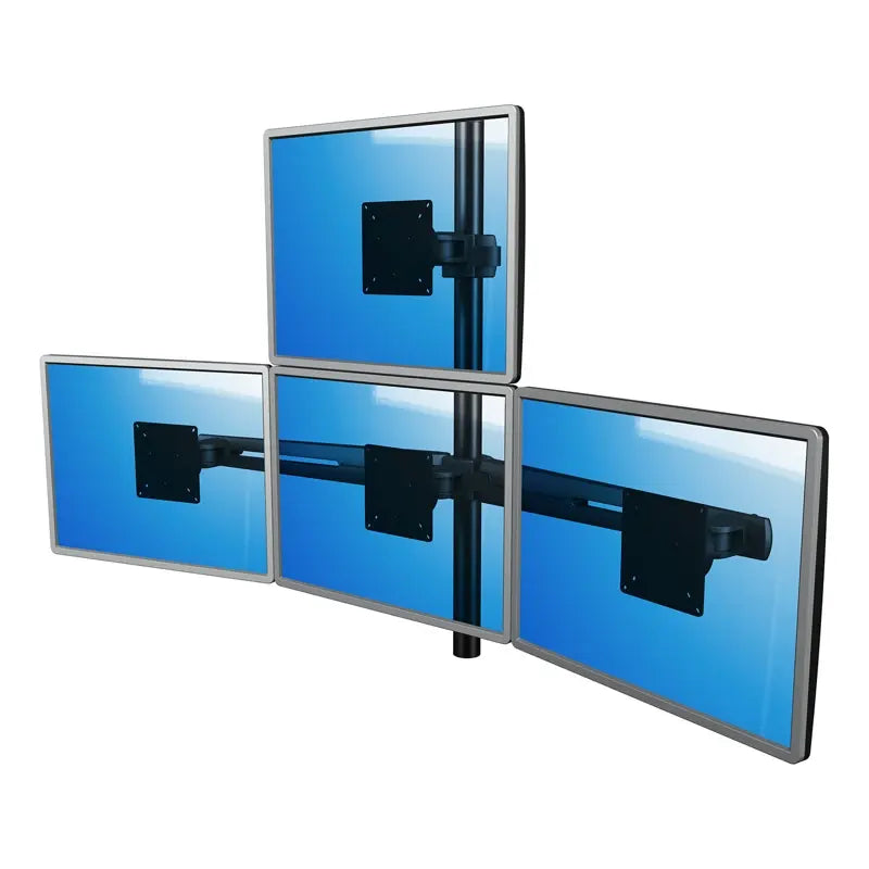 The Monitor arm Viewmaster Multi (For four screens) mounts four flat-screen monitors in a 2x2 grid with black brackets, creating a multi-monitor system. The adjustable stand is set against a white background, and the screens show a blue gradient.