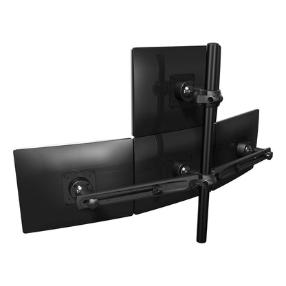 The Viewmaster Multi Monitor Arm holds four flat-screen monitors in a 2x2 grid, is adjustable, features excellent cable management, and provides a tidy multi-monitor setup. Shown here from the back.