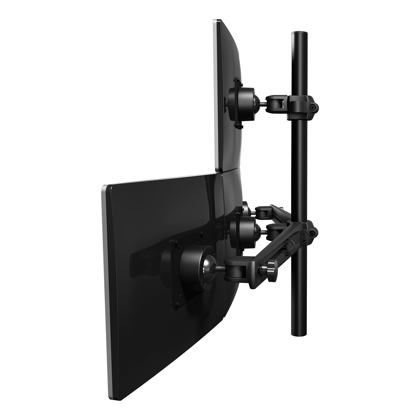 Side view of the Viewmaster Multi monitor arm for four screens, showing adjustable arms in a curved setup. Features articulating joints and integrated cable management for flexible positioning.
