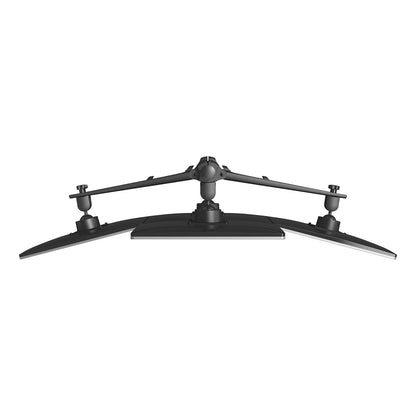 Front view of the black Viewmaster Multi monitor arm, designed for workspace organization and cable management, holding four flat-screen monitors in a curved, angled setup to support an efficient multi-monitor system.