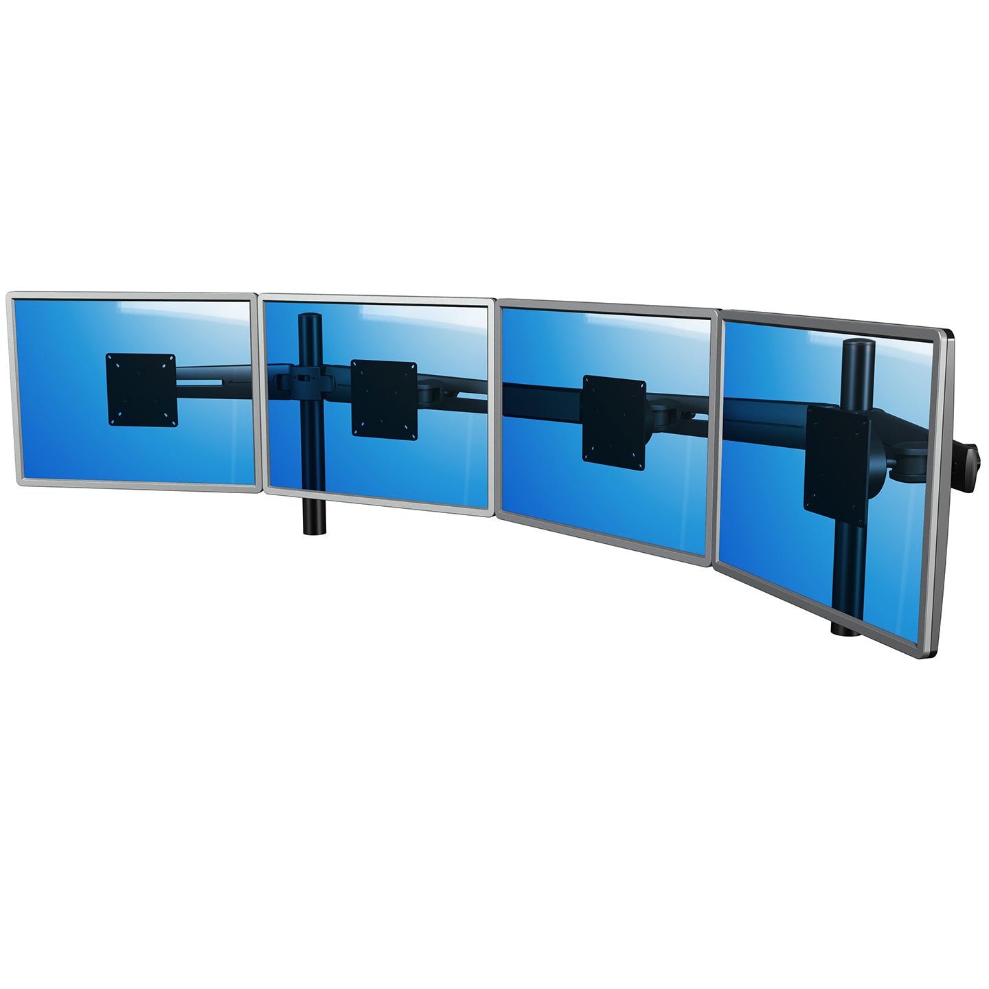 Four monitors with blue screens are mounted side by side on the black Viewmaster Multi monitor arm for four screens in a row, each showing its mounting plate and arranged in a curved, ergonomic setup.