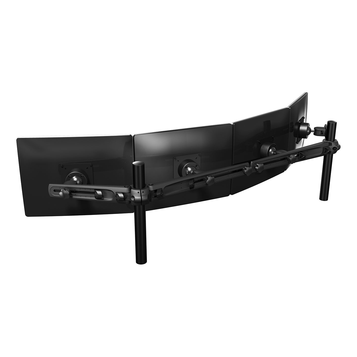 The Monitor arm Viewmaster Multi supports four screens in a row with adjustable arms and dual support poles, providing an ergonomic workspace and improved cable management for widescreen monitors.