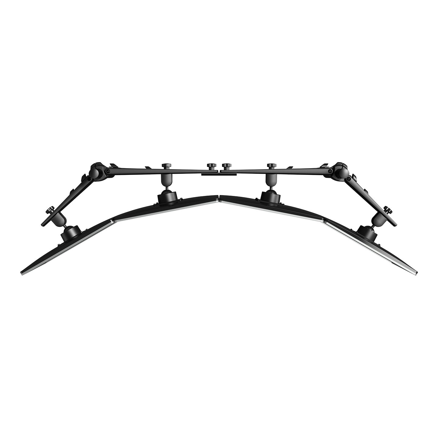 Side view of the Viewmaster Multi monitor arm, designed for four screens in a row with adjustable black arms and smart cable management, creating an ergonomic and organized workspace.