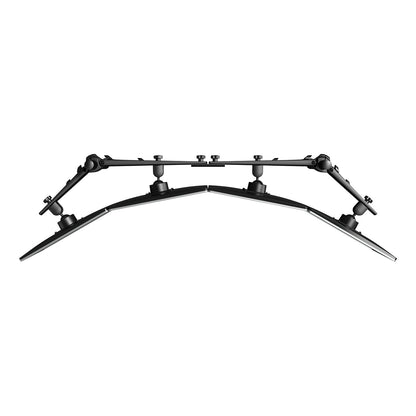 Side view of the Viewmaster Multi monitor arm, designed for four screens in a row with adjustable black arms and smart cable management, creating an ergonomic and organized workspace.