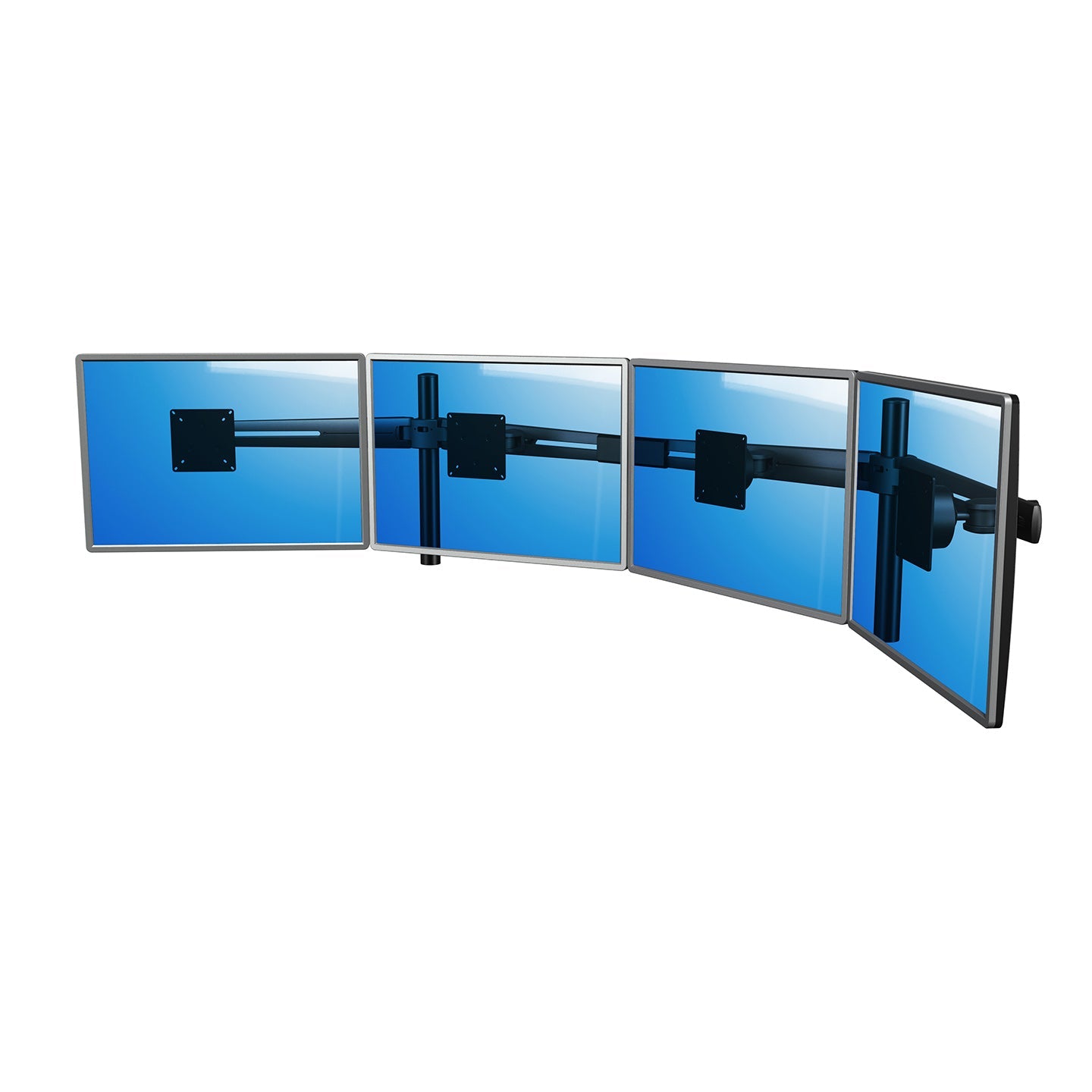 Four flat screens are mounted side by side on the Viewmaster Multi monitor arm (for four screens in a row), each displaying a blue screen, with visible black brackets at the back for an organized, ergonomic workspace.