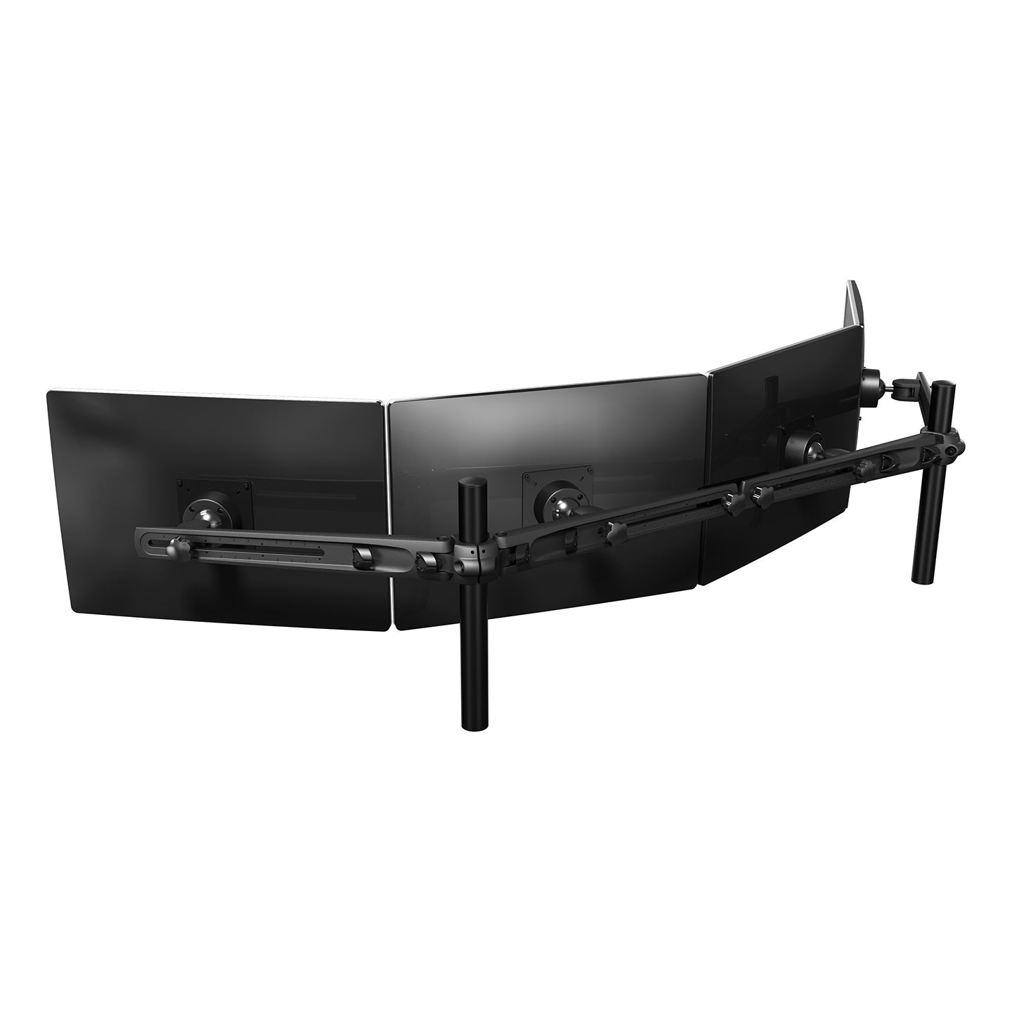Rear view of the Viewmaster Multi monitor arm designed for four screens in a row, displaying tidy cable management and adjustable arms for an ergonomic and organized workspace.