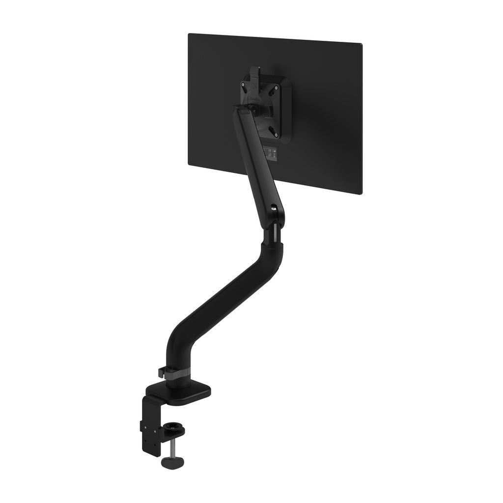 The Monitor arm Viewprime+ Single, in black, clamps to your desk edge and securely holds one flat-screen monitor. It features dynamic height adjustment, flexible multi-joint positioning, and integrated cable management for a tidy workspace.