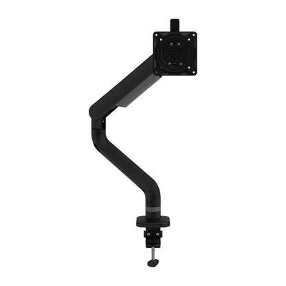 The Monitor arm Viewprime+ Single (For one screen) in black offers dynamic height adjustment, integrated cable management, a clamp base for desk mounting, and a VESA plate for monitor attachment, shown against a white background.