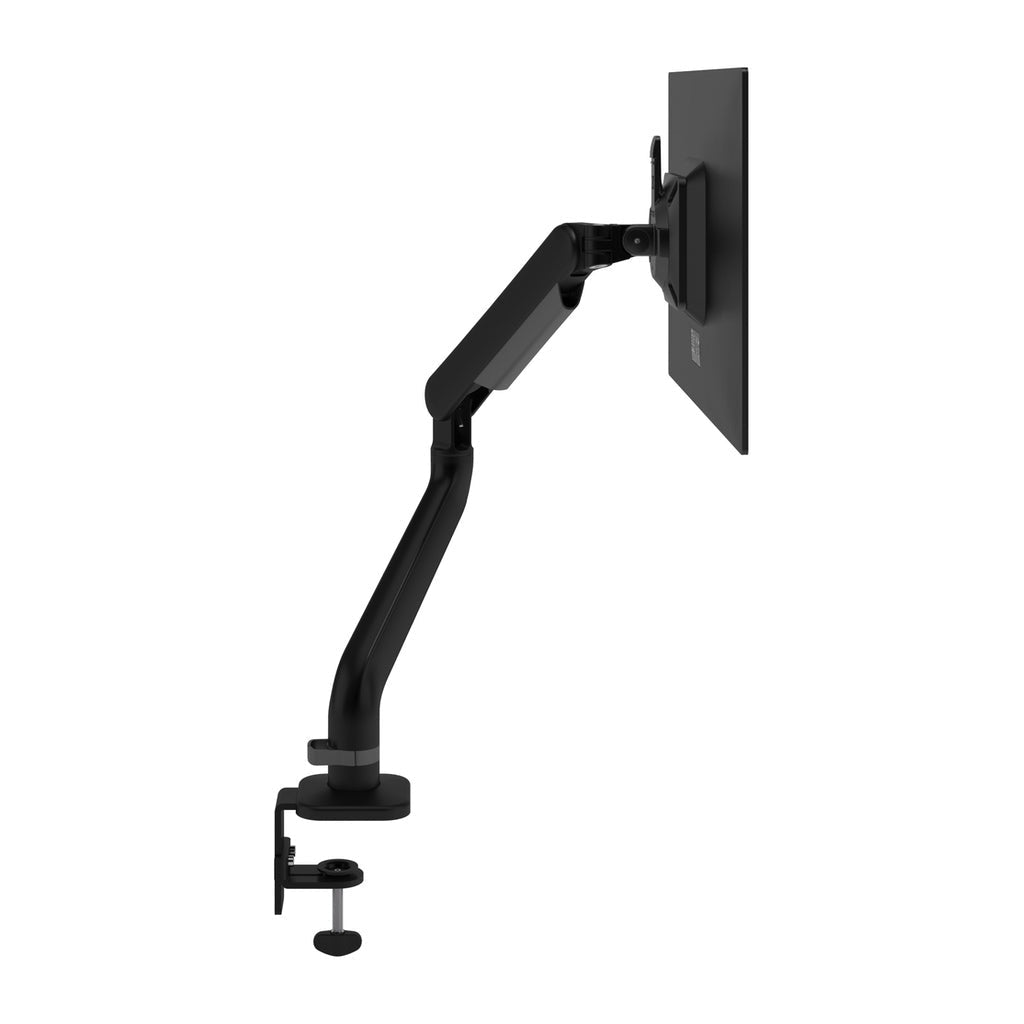 Side view of the Monitor arm Viewprime+ Single (For one screen) in black, with integrated cable management, attached to a desk edge and holding a flat-screen. Features include flexible joints and dynamic height adjustment.
