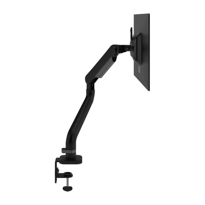 Side view of the Monitor arm Viewprime+ Single (For one screen) in black, with integrated cable management, attached to a desk edge and holding a flat-screen. Features include flexible joints and dynamic height adjustment.