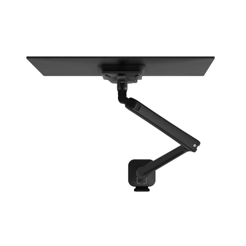 The Monitor arm Viewprime+ Single, in black, is wall-mounted and holds a flat screen horizontally with dynamic height adjustment, shown from behind against a white background.