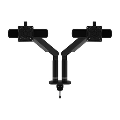 The Monitor arm Viewprime+ Double holds two monitors on a desk with dual black adjustable arms, integrated cable management, mounting plates, and a central base clamp. The arms form a V shape against a white background.