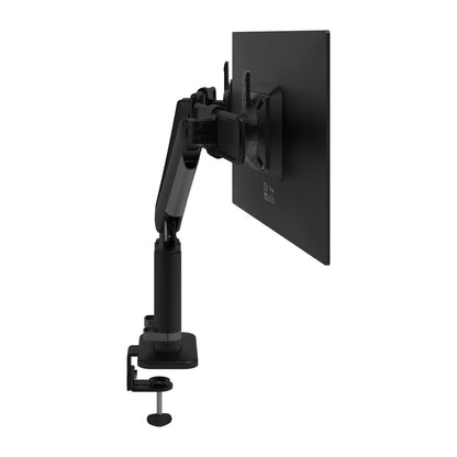 The Monitor arm Viewprime+ Double, designed for two screens, securely holds flat-screen monitors on a desk edge with its adjustable black articulated arms and integrated cable management, featuring a clamp for stable attachment.