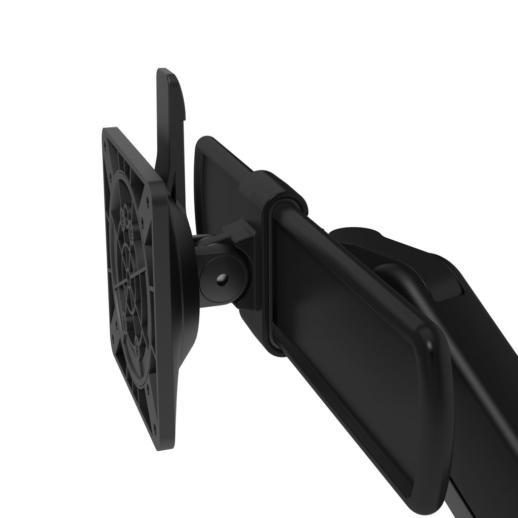Close-up of the Monitor arm Viewprime+ Double (for two screens) in black, featuring adjustable arms, VESA mount plates, and integrated cable management, shown against a plain white background.