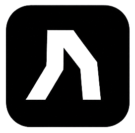 A white, angular, stylized letter A on a black rounded square background.