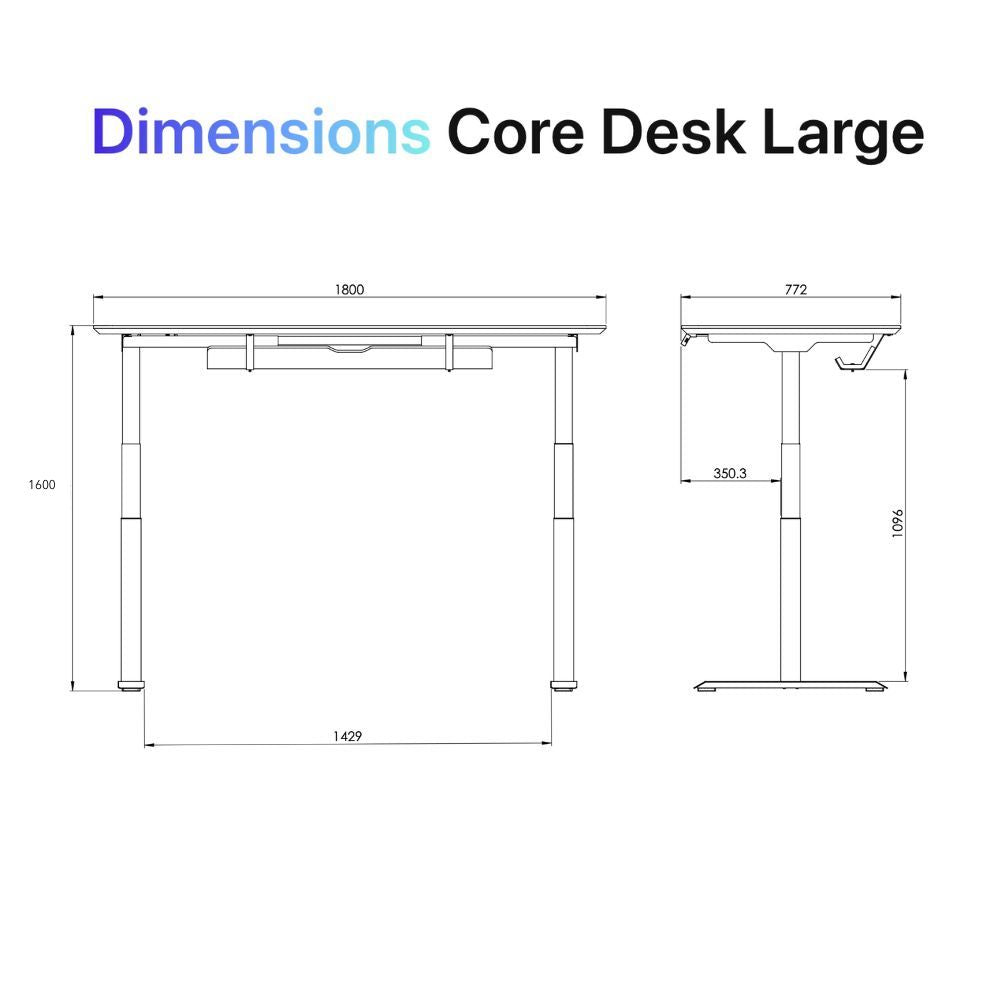 Line drawing displays the dimensions of the Walkolution Core Desk (Large), ideal for standing or treadmill use: 1800mm width, 772mm height, 1060mm top edge height, 1429mm leg span, and 350.3mm depth under desk.