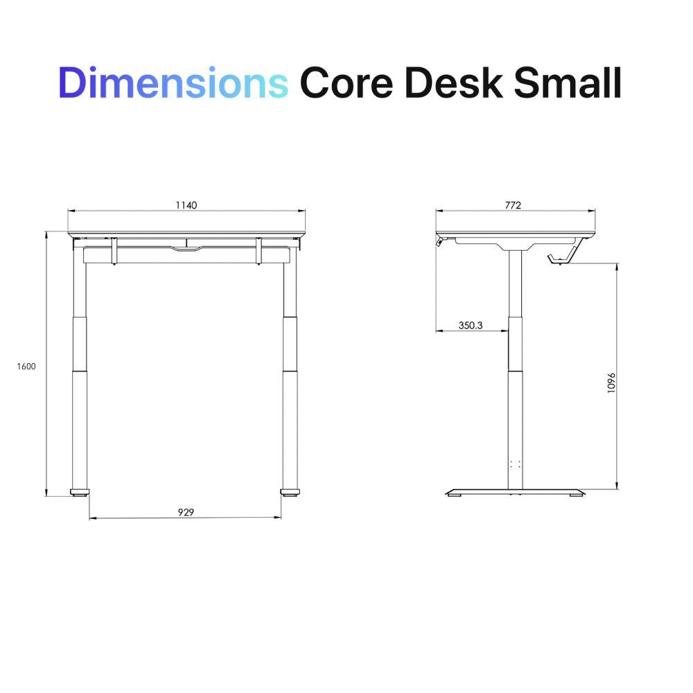 Technical drawing of the Walkolution Core Desk, made from solid beech, with labeled dimensions: 1140 mm width, 929 mm leg spacing, 772 mm depth, 350.3 mm support section, and heights of 1096 mm and 1600 mm.